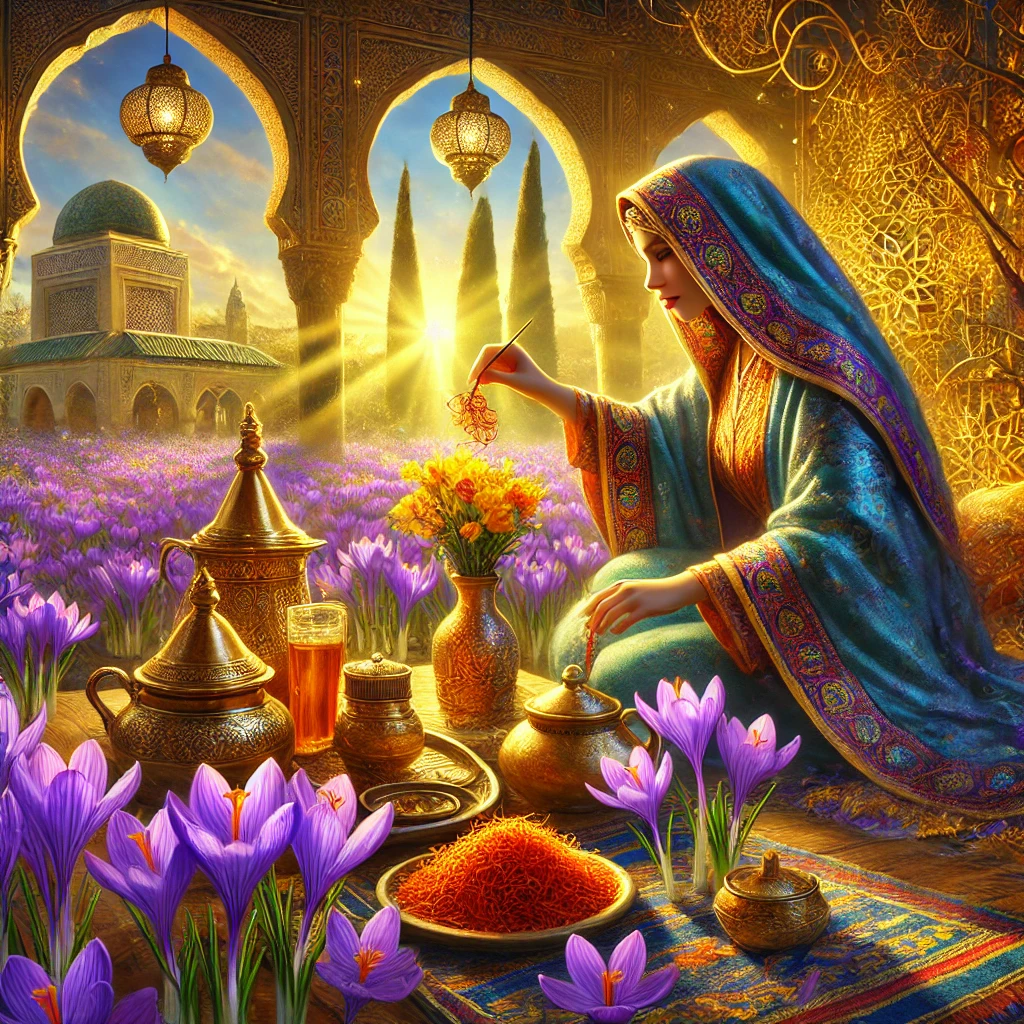DALL·E 2024-12-03 16.22.32 - A magical and cultural depiction of saffron's journey with a focus on Moroccan heritage. The image showcases a Moroccan woman in a traditional, colorf